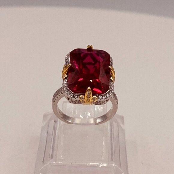 Ring, new, no tags, lab created emerald cut ruby solid 925 silver real gold - Picture 11 of 17